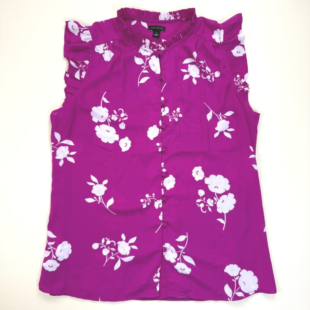 Ann Taylor Magenta Floral Ruffle Sleeve Button Front Blouse Small